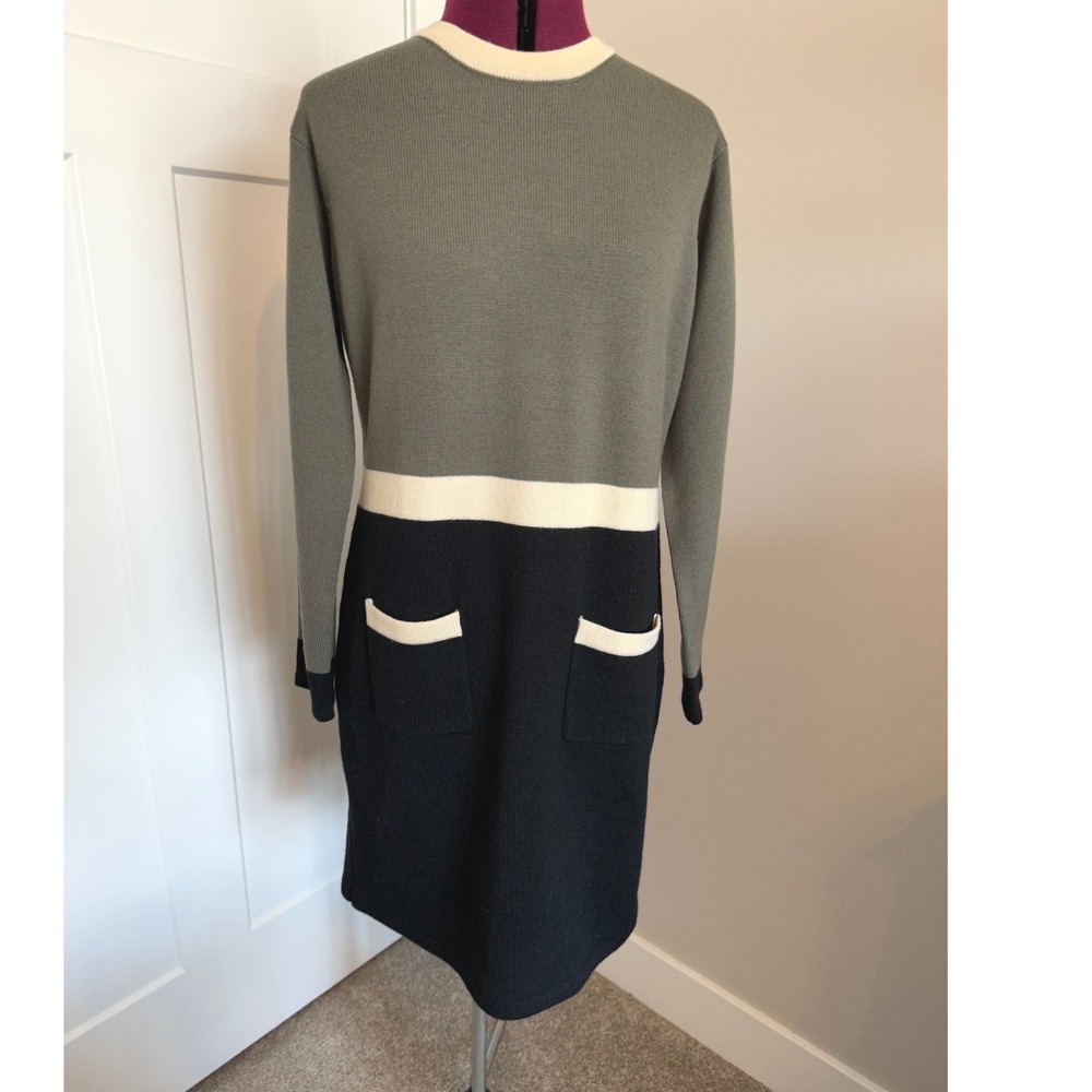 Apart Impressions Merino Wool Colorblock Sweater Dress Sage Green Black Large